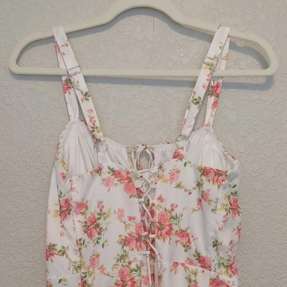 Parthea white pink floral sleeveless basque waist lace up thigh slit maxi dress - Picture 14 of 14